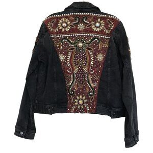 The Nu‎ Vintage Jean Jacket Womens Size Large L Black Beaded Rhinestones Sequins